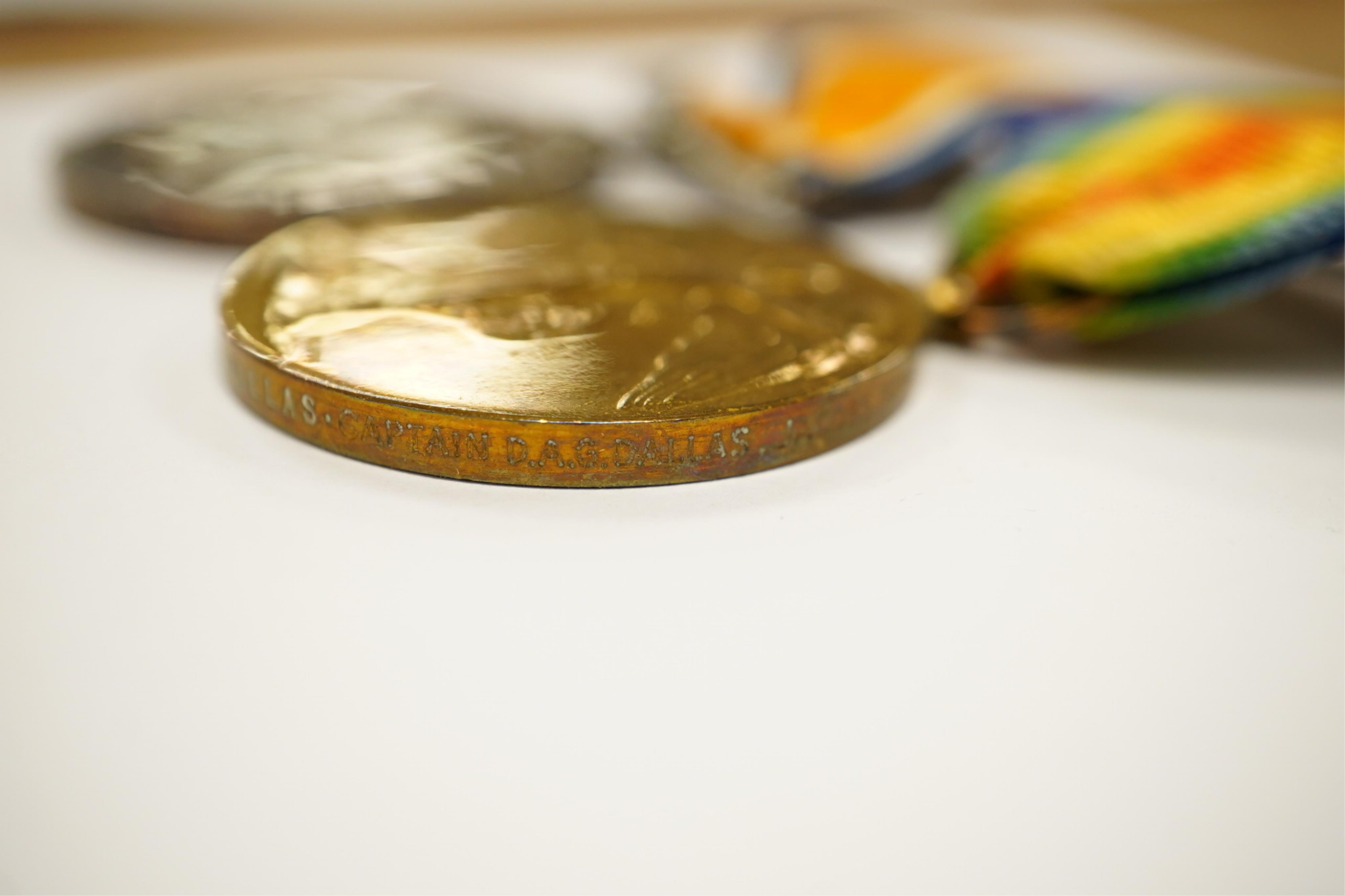 A WW1 pair oddly named for 'Maj Gen A.G.Dallas. Capt D.A.G.Dallas Jacob's Horse 1916-' with miniatures and a 1937 Coronation medal (5). Condition - fair